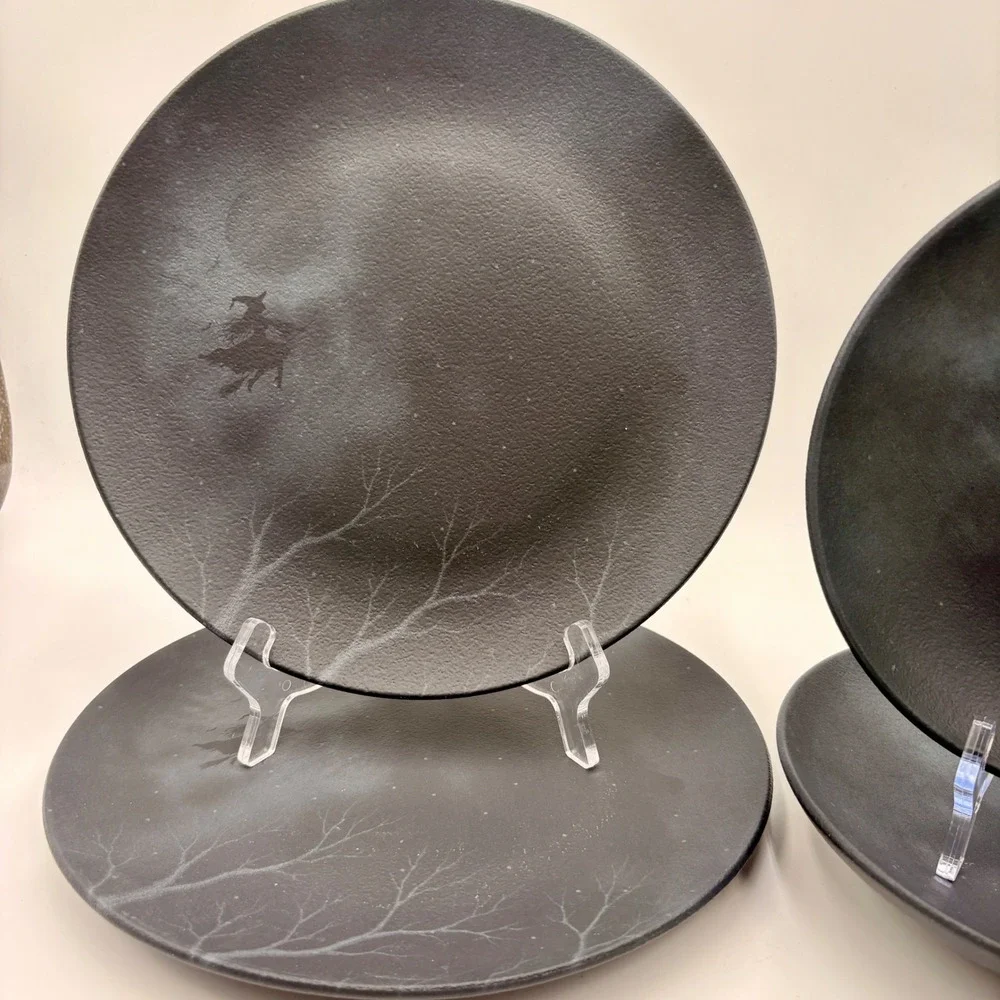 Mesa Brasil Matte Stoneware Halloween Plate Bowl Set Witch Moon Spooky 4pc Sets